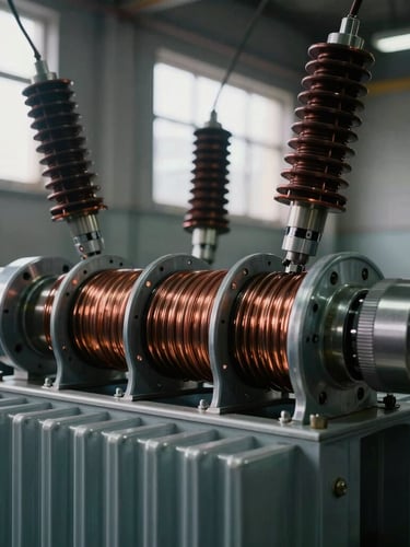 Close-up of high-voltage transformer copper winding, sharp focus on technical components, dramatic workshop light filtering through high windows, cool steel tones, 35mm lens