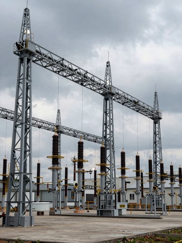 Wide environmental shot of a massive industrial substation installation, overcast sky, heavy steel structures, professional engineering photography.