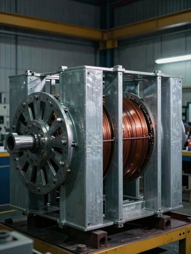 Industrial engineering photo of a massive transformer core, copper winding visible, dramatic high-contrast workshop lighting, cool steel tones, sharp focus.