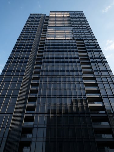 Sleek modern high-rise building facade, minimalist dark glass and steel, crisp high-contrast daylight, dramatic clean shadows, wide-angle structural shot, architectural render style