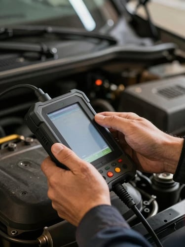 Close-up of a mechanic's hands using a modern diagnostic scanner inside a car engine bay, sharp focus, amber workshop lighting