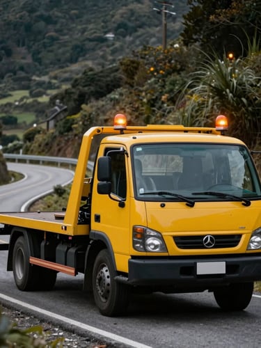 Yellow flatbed tow truck with active amber warning beacons parked on a winding mountain road in Venda Nova do Imigrante, dramatic natural light, sharp details, 35mm lens