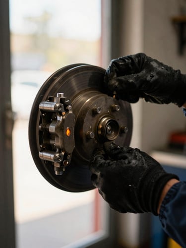 Mechanic hands in black gloves carefully adjusting a brake caliper, dramatic natural light coming from the workshop door, sharp details, rich contrast