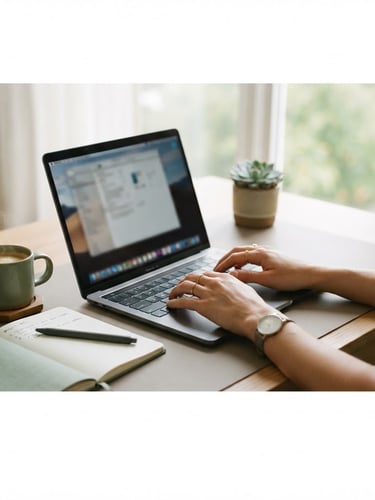 Close-up of hands typing on a laptop keyboard on a minimalist desk, surrounded by a notebook, pen, and a cup of coffee, soft natural window light, muted green and warm gray tones, left third of the frame, wide panoramic view.