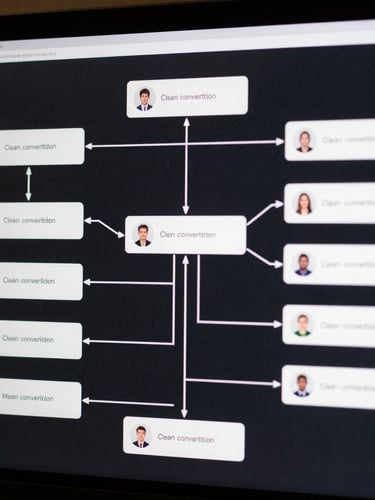 Clean node-based conversational flow diagram on a dark screen, sharp cool-white lines mapping out user response paths, minimal system interface.