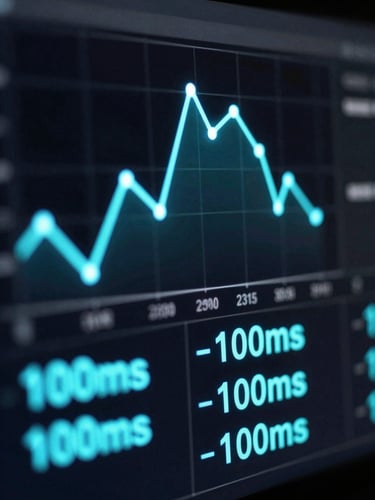 Macro screen shot of a dark-mode real-time latency dashboard, glowing electric-cyan metrics showing sub-100ms response times, structural node lines in the background.