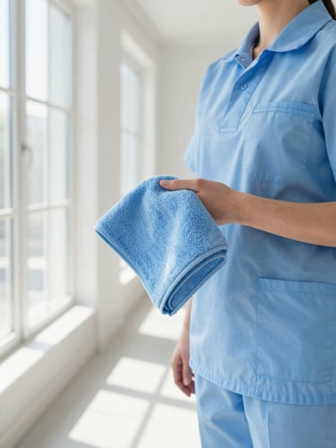 Bright clean photography of a professional cleaning specialist in a crisp slate-blue uniform, holding a fresh microfiber cloth, standing in a sunlit modern DC townhouse hallway. Soft morning window light, crisp reflections, white and soft blue tones, 35mm lens.