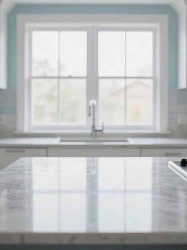 Straight-on medium shot of a bright modern kitchen with gleaming marble countertops reflecting soft morning window daylight, crisp clean lines, white and soft blue tones, 35mm lens.
