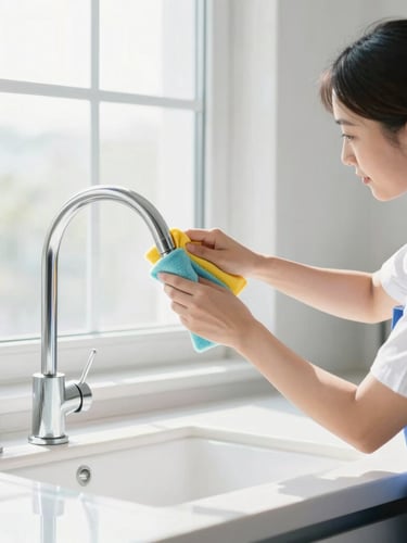Bright clean photography of a professional cleaning specialist in uniform carefully wiping down a modern kitchen faucet. Soft morning window light, crisp reflections, white and soft blue tones, 35mm lens.