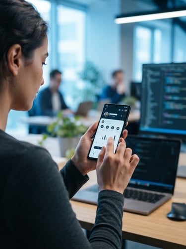 Over-the-shoulder view of a developer testing a clean mobile app interface on an Android phone, crisp studio lighting, cool blue undertones, shallow depth of field