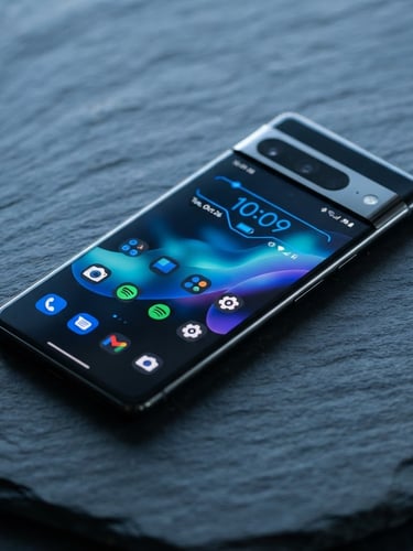 High-fidelity modern Android smartphone mockup on a clean dark slate surface, displaying a vibrant user interface with electric blue accents, crisp studio lighting, cool blue undertones, shallow depth of field