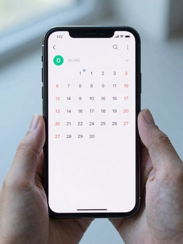 Hands holding an Android device displaying a clean, high-contrast calendar interface, natural daylight with cool blue undertones, shallow depth of field