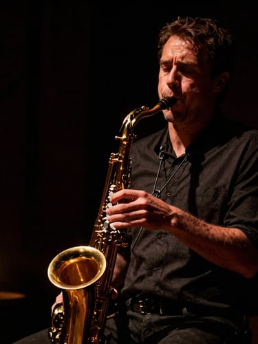 Cinematic portrait of a musician performing with a saxophone in a low-key, high-contrast chiaroscuro setting, warm amber light highlighting the instrument, deep obsidian background