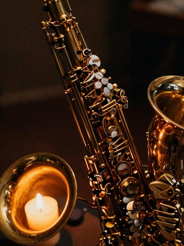 Tight macro shot of a vintage brass saxophone catching warm amber candlelight, deep shadows, rich metallic textures, 35mm film grain.