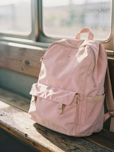 POV close-up of a well-worn canvas backpack resting on a rustic wooden bench inside a quiet traditional Japanese train station, soft pastel pink tones, warm afternoon sun, 35mm film aesthetic.
