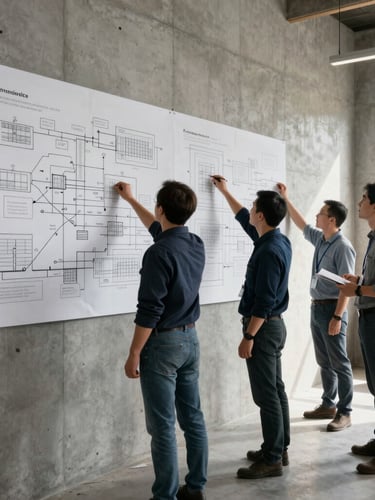 Wide environmental shot, high-contrast natural light. A professional team in a modern workspace analyzing physical workflow diagrams on a concrete wall, showing collective construction.