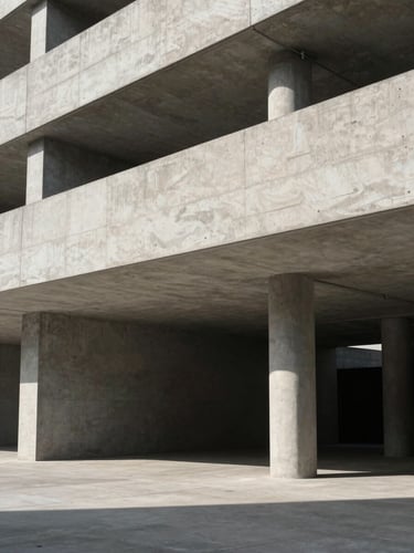 Wide environmental shot of a modern architectural concrete structure showing bold geometric lines and protective overhead support, sharp shadows, high-contrast natural light.