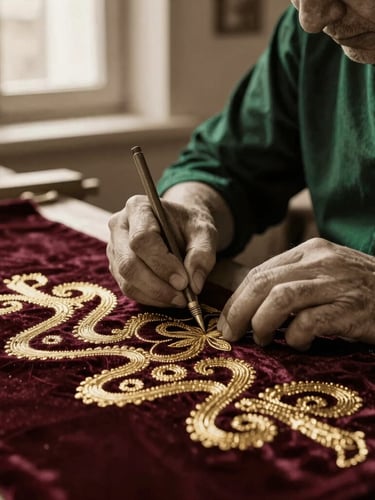 Sepia-toned close-up photography of master artisan hands embroidering intricate gold thread patterns onto deep velvet, soft window light, historic Constantine workshop atmosphere.