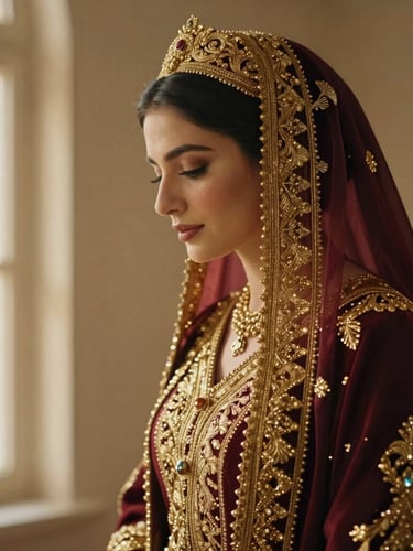 Side profile of an Algerian bride wearing a traditional gold-brocade Chedda Constantinoise, looking gracefully downwards, soft golden light, cinematic 35mm photography
