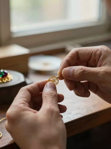 Hands of an artisan jeweler working on delicate gold filigree in a traditional workshop, soft window light, close-up, focused depth of field