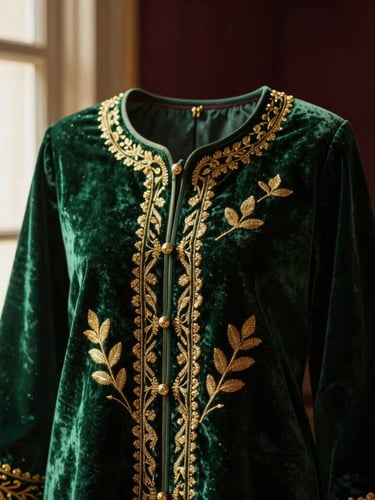 Detailed texture of gold embroidery on deep emerald green velvet, warm editorial fashion photography, golden-hour window light, rich burgundy tones in background, shallow depth of field, 35mm