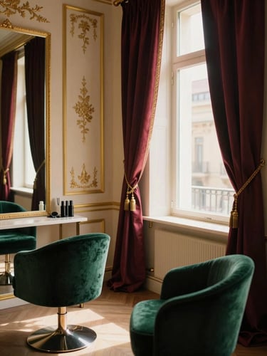 Warm editorial photography of a luxury haute couture salon, soft golden-hour window light, velvet emerald chairs, silk drapes, detailed gold embroidery frames on the wall, 35mm