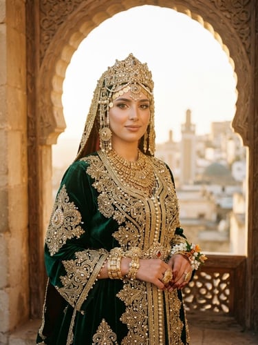 A stunning portrait of an Algerian bride wearing a luxurious green velvet Chedda Constantinoise with gold embroidery, standing by a grand arched palace window during golden hour, detailed texture of gold threads.