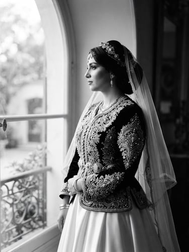Black and white editorial portrait of an Algerian bride in a majestic embroidered Karakou, looking away, soft golden-hour window light, rich contrast, haute couture feel.