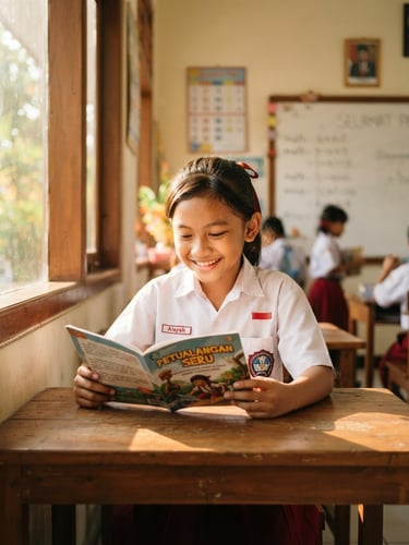 A young Indonesian student in a neat school uniform smiling warmly while reading a book in a bright classroom, natural morning sunlight streaming through a window, soft depth of field.