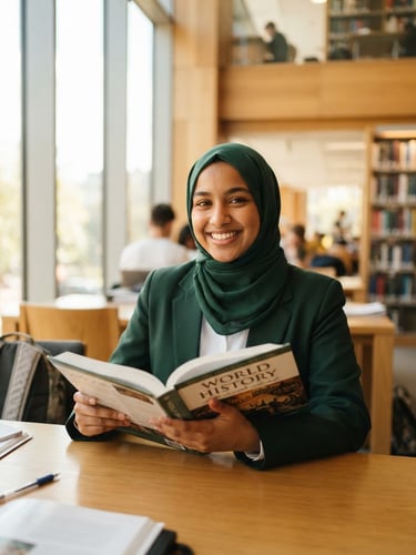 Candid medium shot of a young Muslim student in a green uniform smiling warmly while holding an open book in a bright, sunlit modern library.