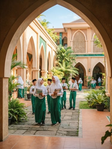 Bright editorial photography of a modern Islamic school courtyard in Bandung, soft morning sunlight, architectural arch details, warm sand and emerald tones.