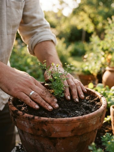 Warm editorial 35mm photography of soil-stained hands gently pressing earth around a vibrant chamomile seedling, sun-dappled golden-hour light, shallow depth of field, tactile botanical textures