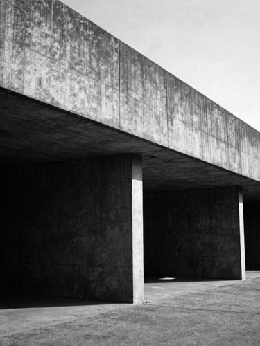 Stark monochrome photography, low-angle architectural perspective of a brutalist concrete pavilion, deep shadows, dramatic chiaroscuro lighting, 35mm film