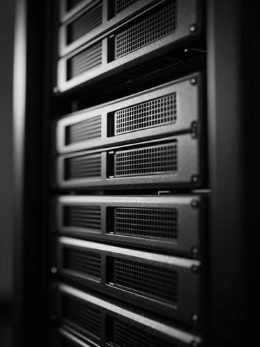 Extreme close-up of a high-end server rack with sharp metallic reflections, dramatic low-key chiaroscuro lighting, stark monochrome photography, 35mm film.