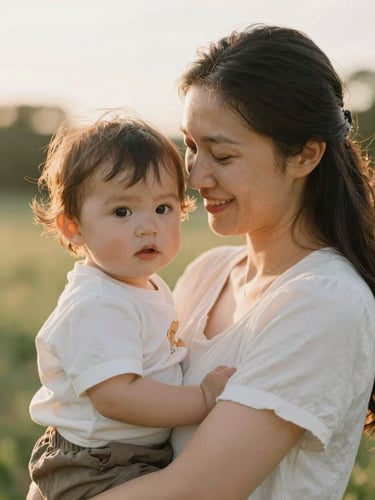Intimate portrait of a mother and toddler in soft golden hour light, shallow depth of field, natural expressions, warm tones, Columbus outdoor setting.