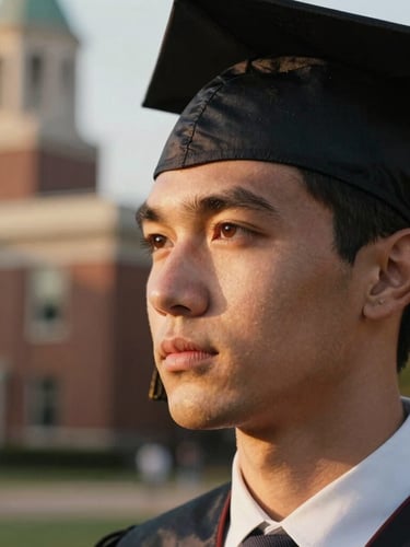 A close-up editorial portrait of a graduate looking thoughtfully away from the camera, warm golden hour light highlighting their profile, soft out-of-focus brick architecture of Columbus in the background