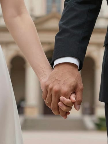 Close-up of a wedding couple's hands gently clasped against a soft-focus background of historic architecture, natural warm lighting