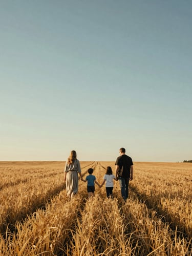 A cinematic wide landscape portrait of a family walking through a golden field in Ohio, low horizon, expansive sky, warm light.