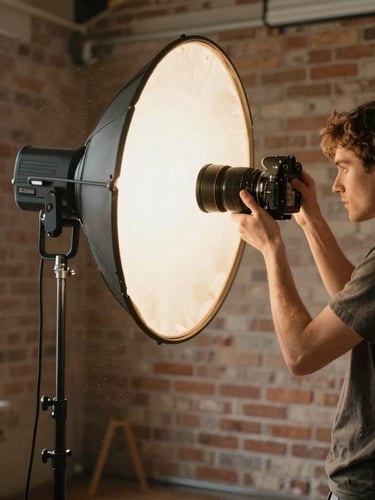 Cinematic medium shot of a photographer adjusting a vintage reflector lamp in a warm, sunlit brick studio, soft dust motes in the air, editorial framing.