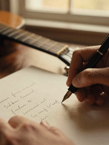 Close-up of hands writing lyrics with a fountain pen on textured paper, acoustic guitar neck resting in the background, warm golden-hour window light, shallow depth of field, rich sepia and cream tones, 35mm film