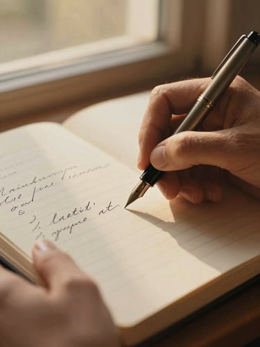 Close-up of hands writing lyrics with a fountain pen on textured paper, warm golden-hour window light, shallow depth of field, vintage songwriting notebook aesthetic