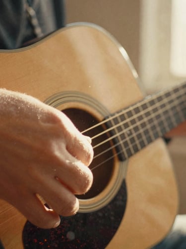 Tight macro shot of fingers pressing acoustic guitar strings, warm golden-hour side lighting, dust motes visible in the light beam, rich sepia tones, 35mm film