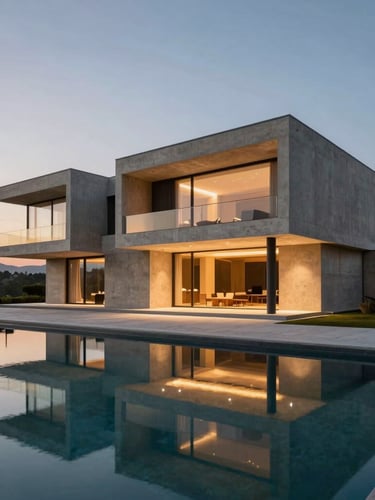 Dusk shot of a modern luxury villa in Van with architectural concrete and warm lighting, reflecting on a calm pool, minimalist landscape design.