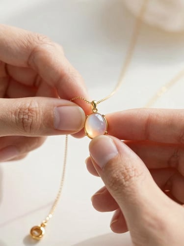 Macro shot of a jeweler's hands carefully assembling a gold necklace with a tiny, luminous peach moonstone pendant, soft natural morning daylight, shallow depth of field.