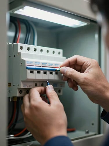 Close-up of a technician's hands tracing a circuit breaker inside a residential panel, cool overhead fluorescent lighting, diagnostic probe visible at the edge of frame