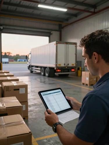 Wide shot of a distribution dock at dawn, a loading bay door open with a truck backed in, workers cross-checking paper manifests against a tablet screen showing purchase order data, crates stacked in organized rows beside them, natural morning light mixing with warehouse fluorescent
