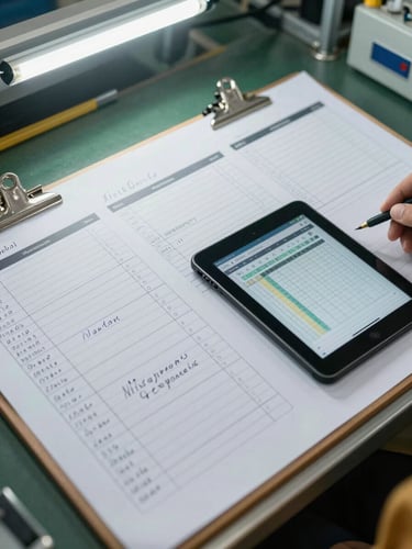 Close-up overhead view of a production planning board on an Indonesian factory floor — work orders clipped to a board, handwritten shift notes, a tablet displaying a live production schedule, fluorescent work-shift lighting, organized operational context visible in background