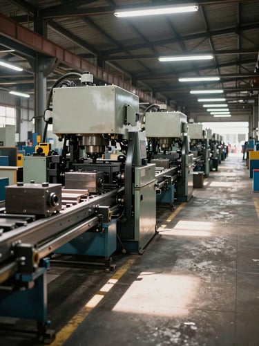 Wide environmental shot of an Indonesian factory floor in active shift — heavy machinery mid-operation, metal components on a moving line, fluorescent overhead lighting casting sharp shadows on the production floor, left-side composition with expansive floor depth receding to right