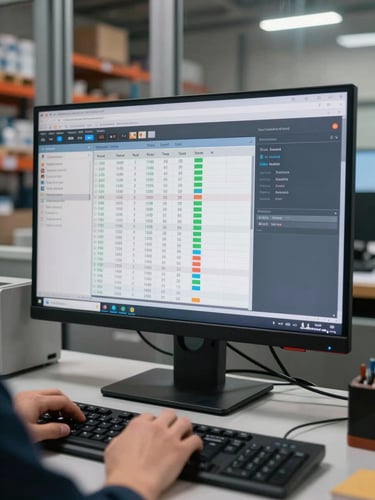 Close-up of a warehouse management dashboard on a large monitor in active use, real inventory data visible on screen, operator's hands on keyboard in foreground, industrial shelving visible through window in background, fluorescent work-shift lighting