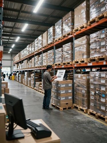 Wide shot of an active Indonesian warehouse interior, a worker mid-motion scanning barcode on stacked inventory pallets under fluorescent work-shift lighting, shelving racks extending deep into the frame, visible inventory labels and data terminals in foreground